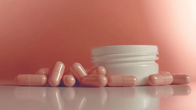 Pink pills spilling from a white bottle on a reflective surface with a pink background. This image evokes the pharmaceutical industry and the consumption of medicines