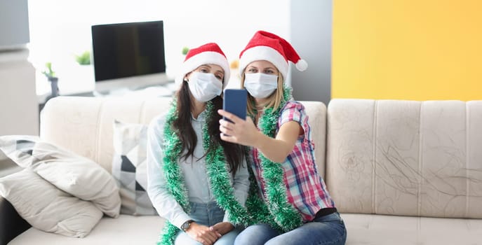 Portrait of best friends taking video congratulation with new year, holiday during pandemic. New year, virus, celebration, technology, social media concept