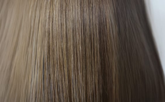 Close-up of straight chestnut natural hair texture after dye procedure in salon. Woman with shiny and luxury quality of hair. Wellness, self care concept