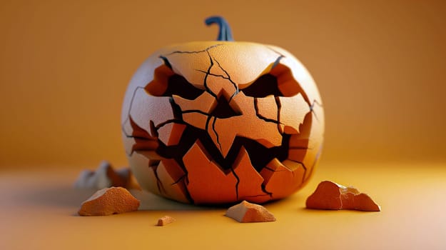 This artwork features a cracked pumpkin that highlights a fierce expression, set against a soft orange background, evoking a sense of Halloween mystique - Generative AI