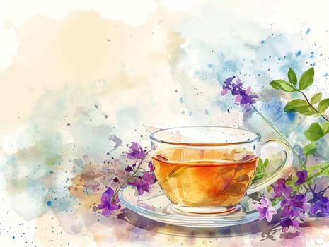 A clear teacup filled with amber herbal tea sits on a saucer beside fresh herbs, conveying tranquility amidst a soft, blurred background of textures and colors.