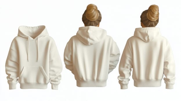 Stylish woman in white hoodie for custom designs, perfect for creative outfits. Versatile, comfy, unisex sweatshirt with drawstring hood and pocket. Customize front, back, and side views