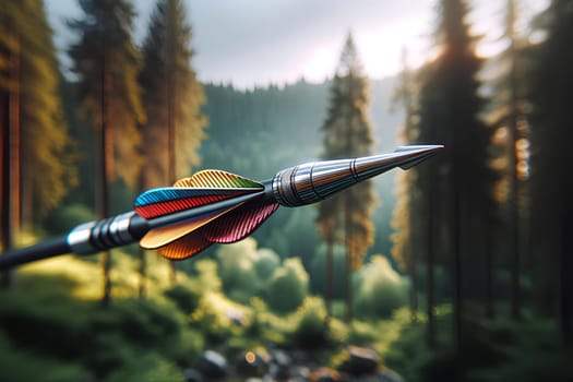 flying arrow with a shiny metal tip on a forest background.