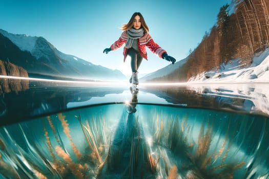 a young woman ice skating on the transparent ice of a lake.