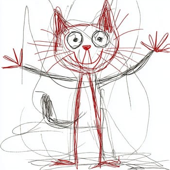 Childlike drawing of a happy cat smiling and waving, isolated on white background. Perfect for children books or lighthearted projects
