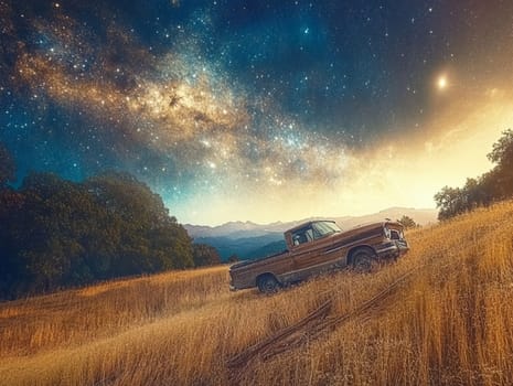 An old, rusted car sits alone on a hillside, surrounded by nature. The vibrant twilight sky is filled with stars, creating a stunning contrast with the vehicle's decay.