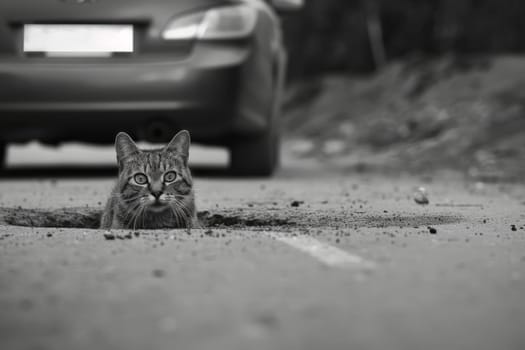 A black and white photo of a cat sitting in a pit on the road. Cat on the highway look at the camera.
