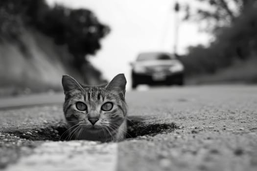 A black and white photo of a cat sitting in a pit on the road. Cat on the highway look at the camera.