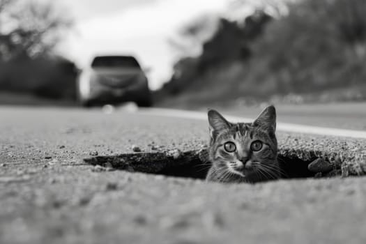 A black and white photo of a cat sitting in a pit on the road. Cat on the highway look at the camera.