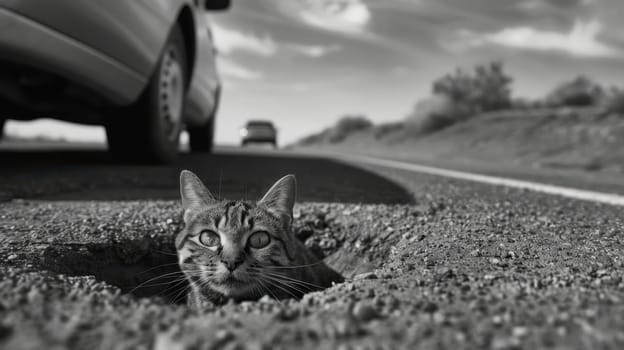 A black and white photo of a cat sitting in a pit on the road. Cat on the highway look at the camera.