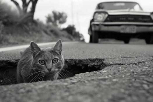 A black and white photo of a cat sitting in a pit on the road. Cat on the highway look at the camera.