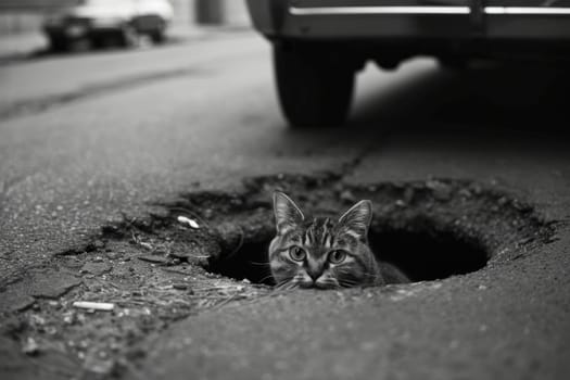 A black and white photo of a cat sitting in a pit on the road. Cat on the highway look at the camera.