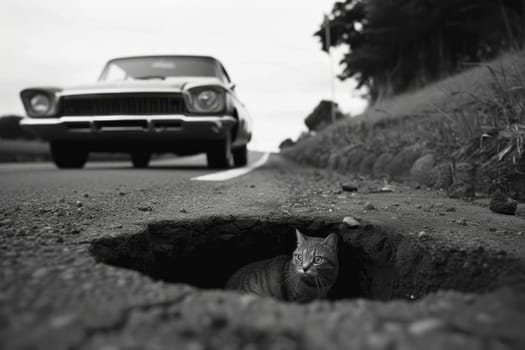 A black and white photo of a cat sitting in a pit on the road. Cat on the highway look at the camera.