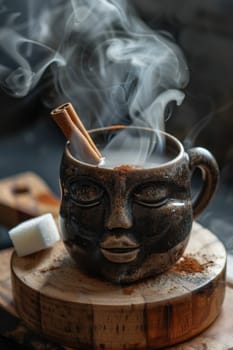 A designer mug with a picture of a man's face with hot coffee is on the table. Steamed Coffee mug.