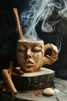 A designer mug with a picture of a man's face with hot coffee is on the table. Steamed Coffee mug.