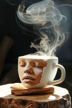 A designer mug with a picture of a man's face with hot coffee is on the table. Steamed Coffee mug.
