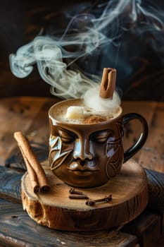 A designer mug with a picture of a man's face with hot coffee is on the table. Steamed Coffee mug.