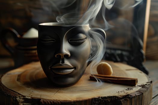 A designer mug with a picture of a man's face with hot coffee is on the table. Steamed Coffee mug.