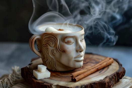 A designer mug with a picture of a man's face with hot coffee is on the table. Steamed Coffee mug.