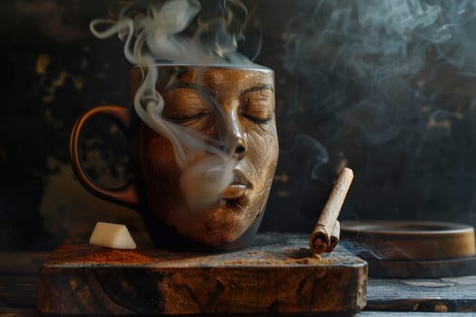 A designer mug with a picture of a man's face with hot coffee is on the table. Steamed Coffee mug.