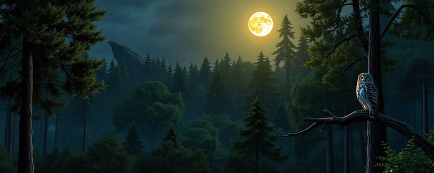 An owl sits quietly on a branch, illuminated by the glow of a full moon. The forest is dense with tall trees, creating a peaceful nighttime atmosphere filled with mystery.