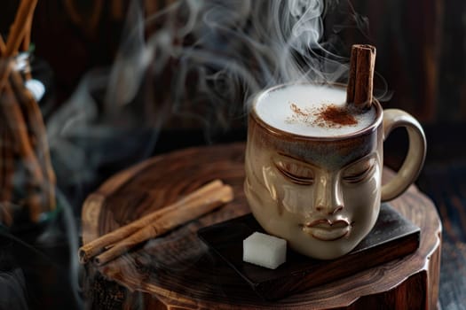A designer mug with a picture of a man's face with hot coffee is on the table. Steamed Coffee mug.