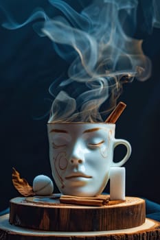 A designer mug with a picture of a man's face with hot coffee is on the table. Steamed Coffee mug.