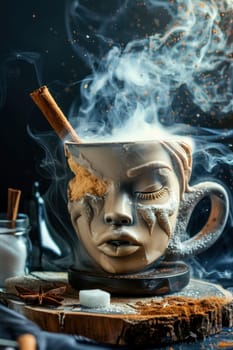 A designer mug with a picture of a man's face with hot coffee is on the table. Steamed Coffee mug.