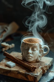 A designer mug with a picture of a man's face with hot coffee is on the table. Steamed Coffee mug.