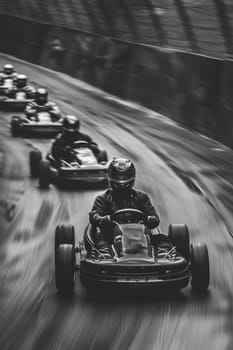 Helmeted racers race karts on an open track, experiencing pleasure and excitement.