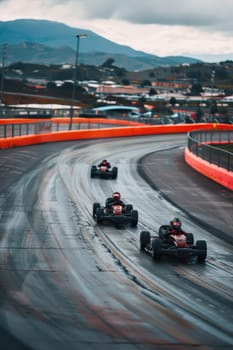 Helmeted racers race karts on an open track, experiencing pleasure and excitement.