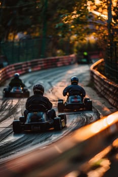 Helmeted racers race karts on an open track, experiencing pleasure and excitement.