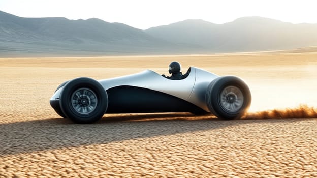 A futuristic car driving through a sandy desert landscape, kicking up dust. The vehicle features a sleek, modern design with a low profile and large wheels. Mountains are visible in the background under a clear sky.