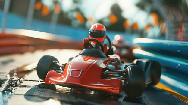 Helmeted racers race karts on an open track, experiencing pleasure and excitement.