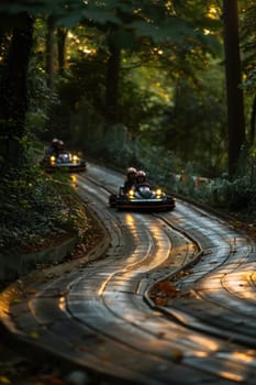 Helmeted racers race karts on an open track, experiencing pleasure and excitement.