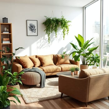 A bright living room features a tan sofa surrounded by lush green plants. Soft sunlight floods the space, highlighting a serene atmosphere in a contemporary urban apartment.