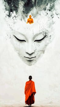 Buddhist monk wearing an orange kasaya walking on a stone surface towards a giant buddha head