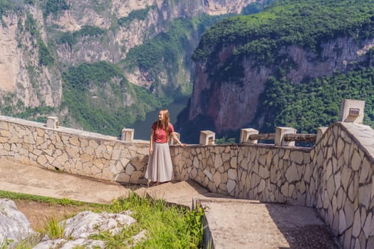 Female tourist exploring Sumidero Canyon National Park, Mexico. Adventure, natural exploration, and travel experience concept.