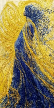 Woman with long dark hair wearing a long blue dress is standing in a field of abstract golden swirls, giving a sense of peace and tranquility
