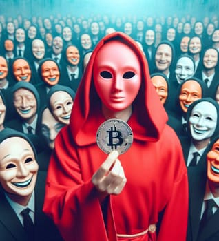 A man in a mask holding a Bitcoin coin. The man is surrounded by other people in masks