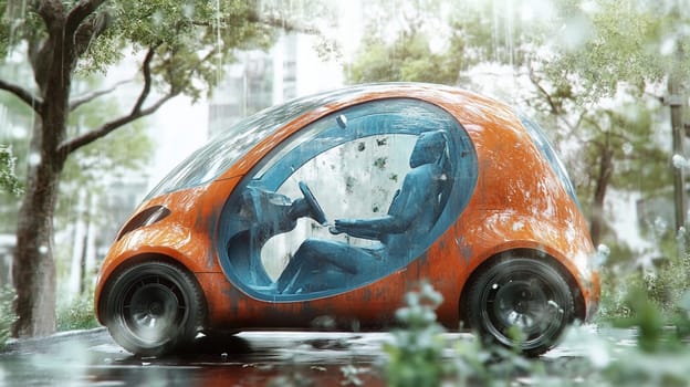 Driving through a street covered in volcanic ash, a man navigates an autonomous electric car parked near a house after a natural disaster