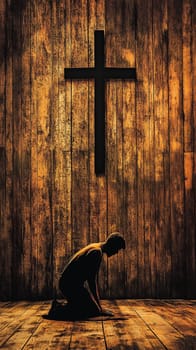 Silhouette of a young man kneeling in prayer in front of a cross against a rustic wooden wall, bathed in dramatic lighting. The image evokes faith, spirituality, and repentance