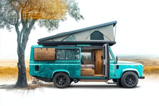 4x4 offroad vehicle is parked on a white background with a rooftop tent deployed. The modern camper van is parked near a tree