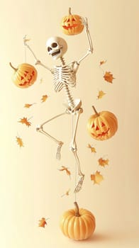 3d rendering of a human skeleton jumping for joy while holding pumpkins in the air as autumn leaves fall to the ground