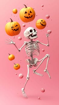 Skeleton is playfully juggling pumpkins in the air, capturing the festive spirit of halloween with an orange background and scattered white petals