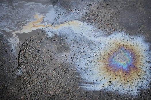 Close-up of shiny fuel spill on wet pavement on sunny fall day.