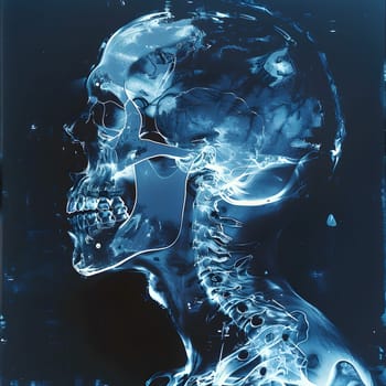 An xray image revealing the intricate structures of a persons skull and neck, resembling a mesmerizing blend of darkness and electric blue art in the liquid world of science