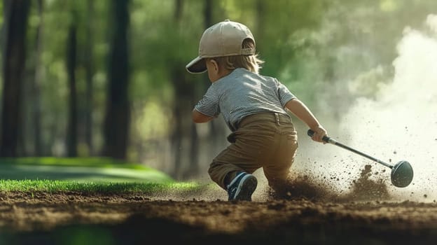 Young golfer swings powerfully, kicking up dirt in the air, showing concentration, determination, and skill outdoors on a sunny day