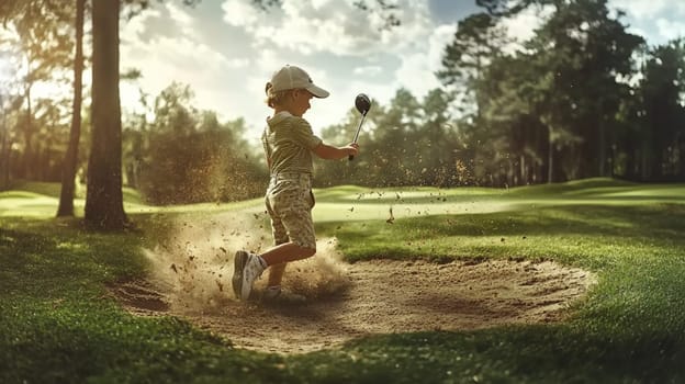 Young golfer hitting a golf ball out of a sand trap, sending sand flying into the air. The golfer is having fun on a sunny day at the golf course