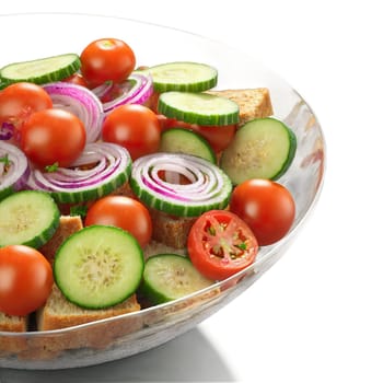 Panzanella with toasted bread tomatoes cucumbers red onions and basil leaves in a clear bowl. close-up food, isolated on transparent background